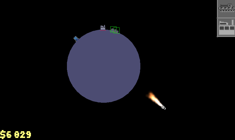 The player selecting tanks as one rockets to another asteroid.