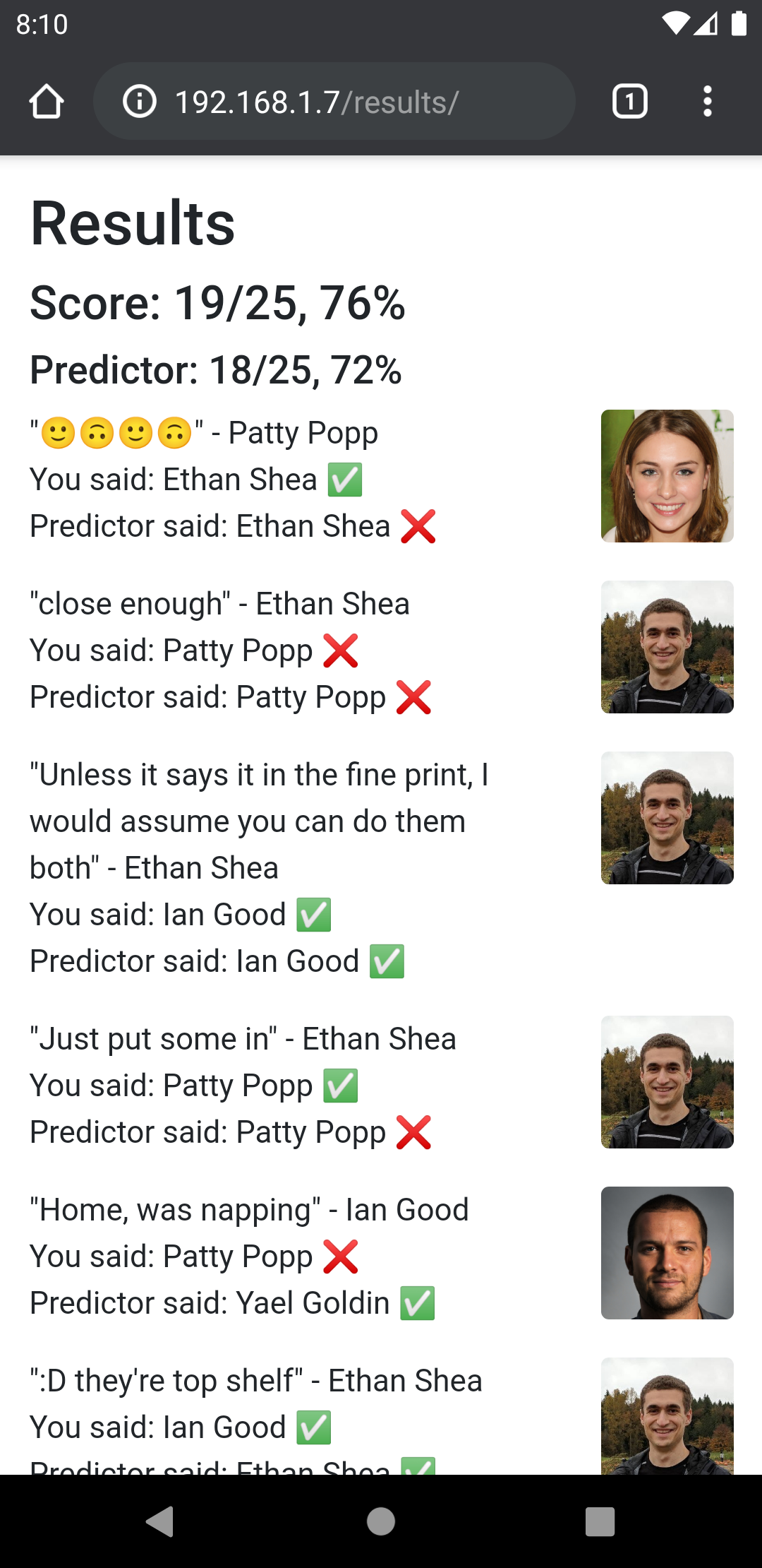 The user sees how well they were able to predict the phrases compared to the AI.